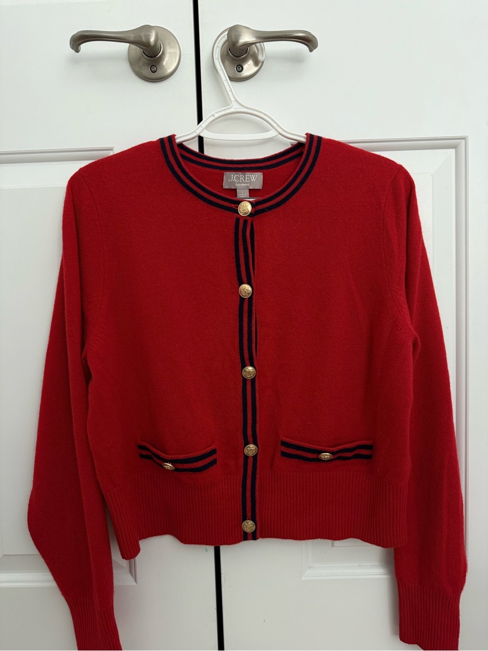 J. Crew Red Cardigan with Navy Trim and Gold Buttons